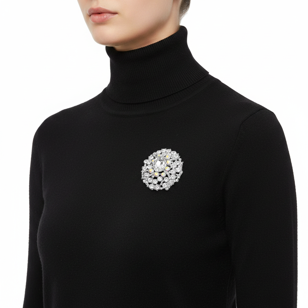 Crystal Flower Brooch - Front on Black Turtleneck