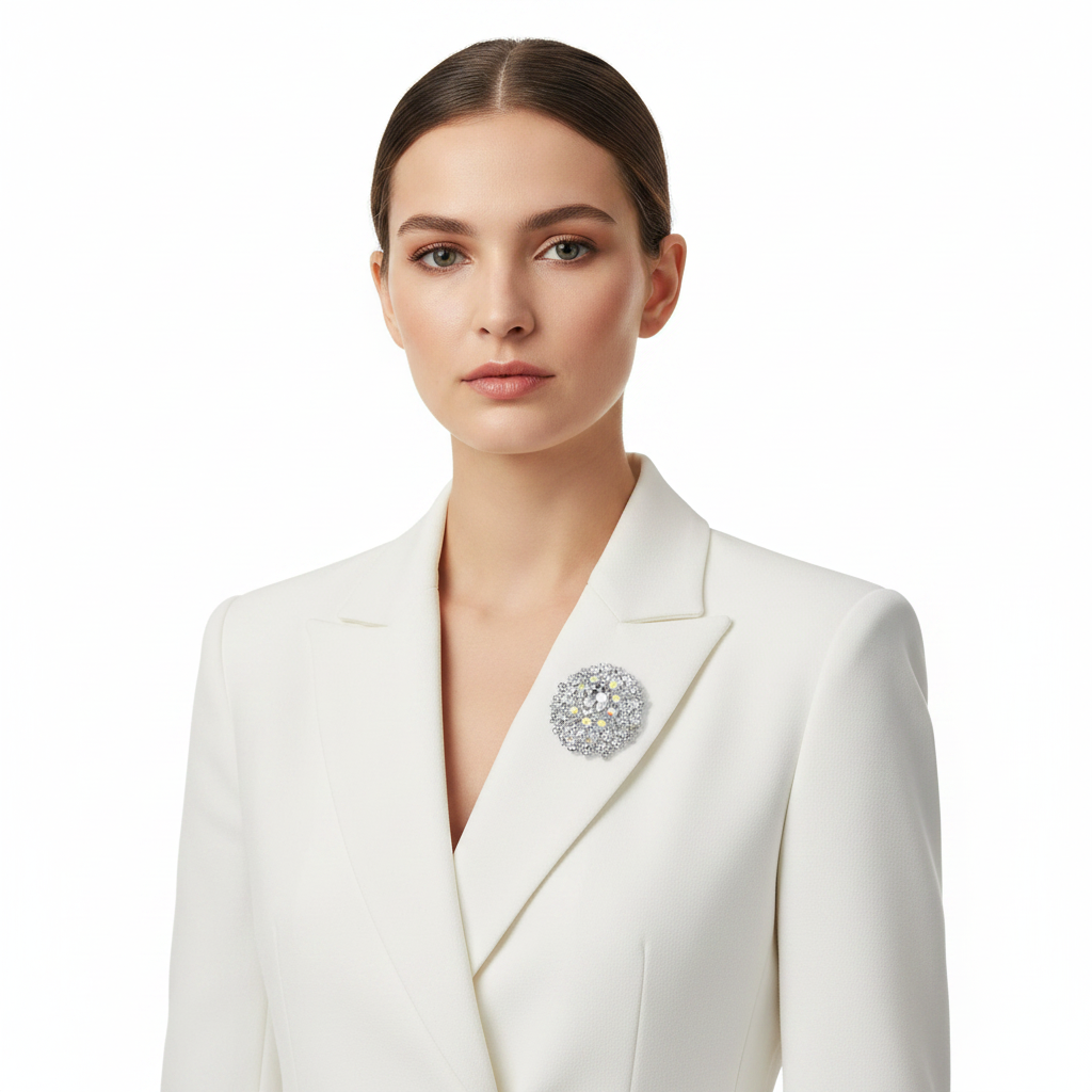 Crystal Flower Brooch - Front on White Blazer