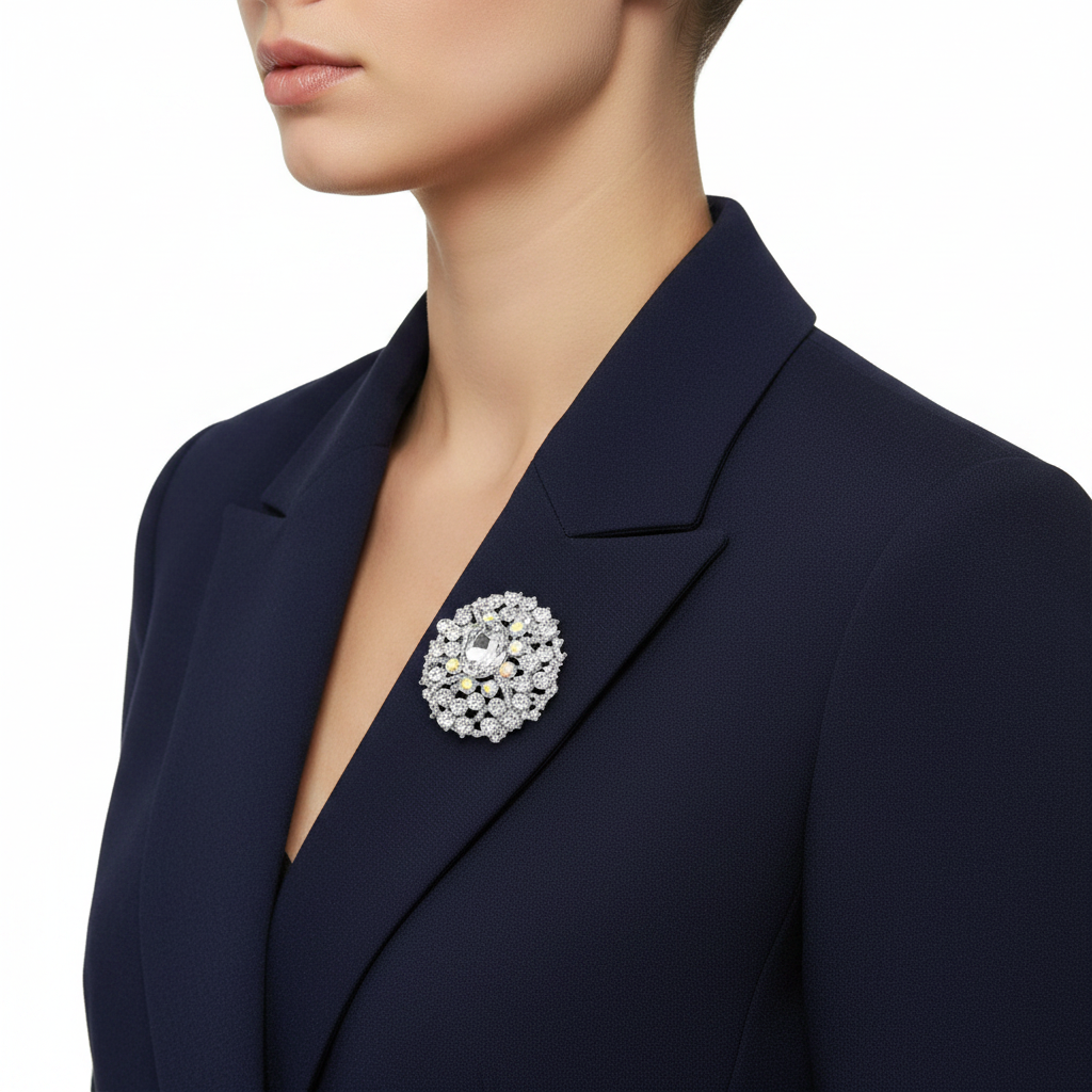 Crystal Flower Brooch - Side on Navy Blazer
