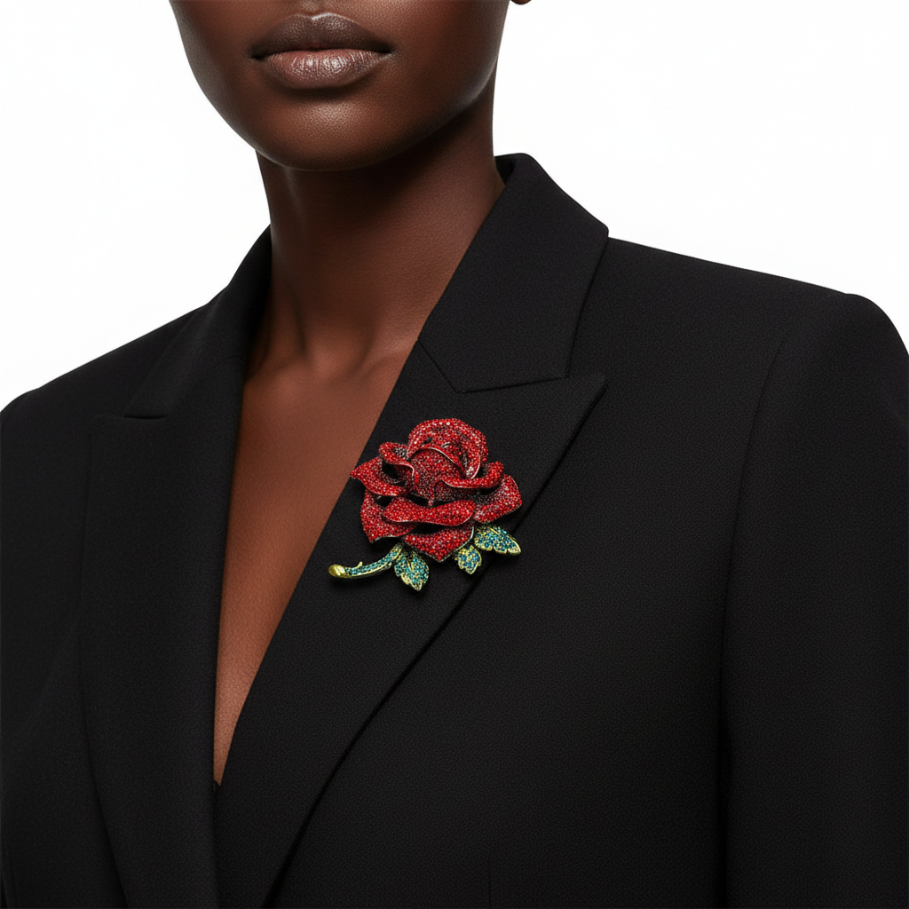 Crystal Rhinestone Red Rose Brooch – Front Lifestyle