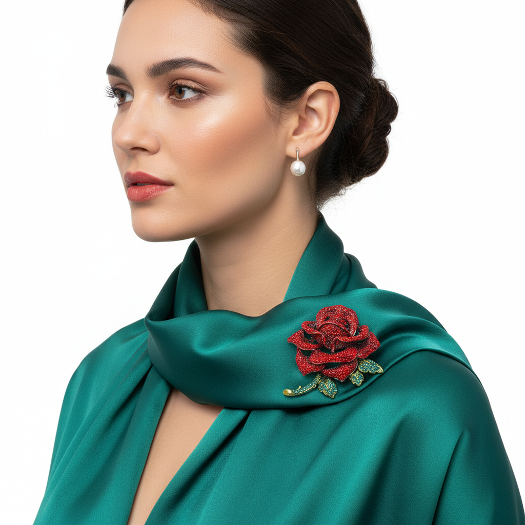 Crystal Rhinestone Red Rose Brooch – Green Scarf Lifestyle