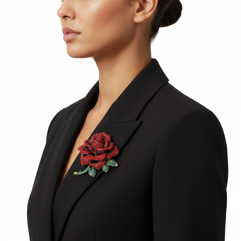 Crystal Rhinestone Red Rose Brooch – Side Lifestyle