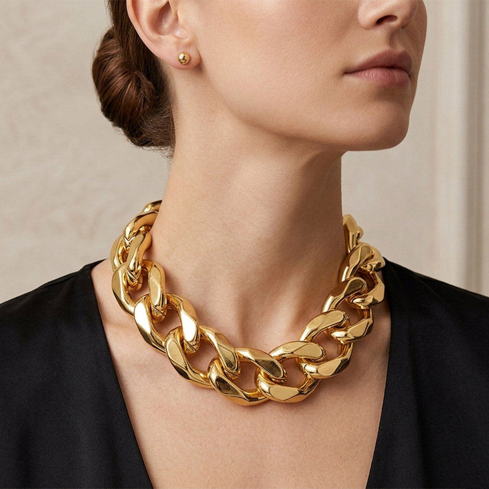 Bold Chain Link Necklace Set Gold Tone Statement Necklace and Earrings