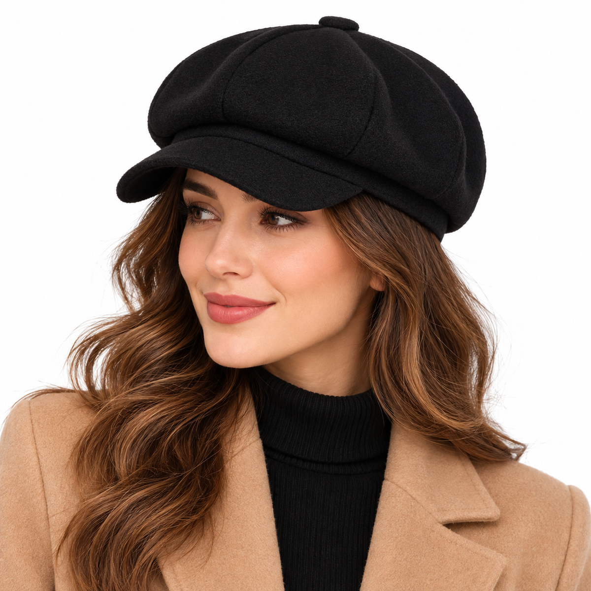 Women's Black Newsboy Cap - Eight-Panel Baker Boy Hat