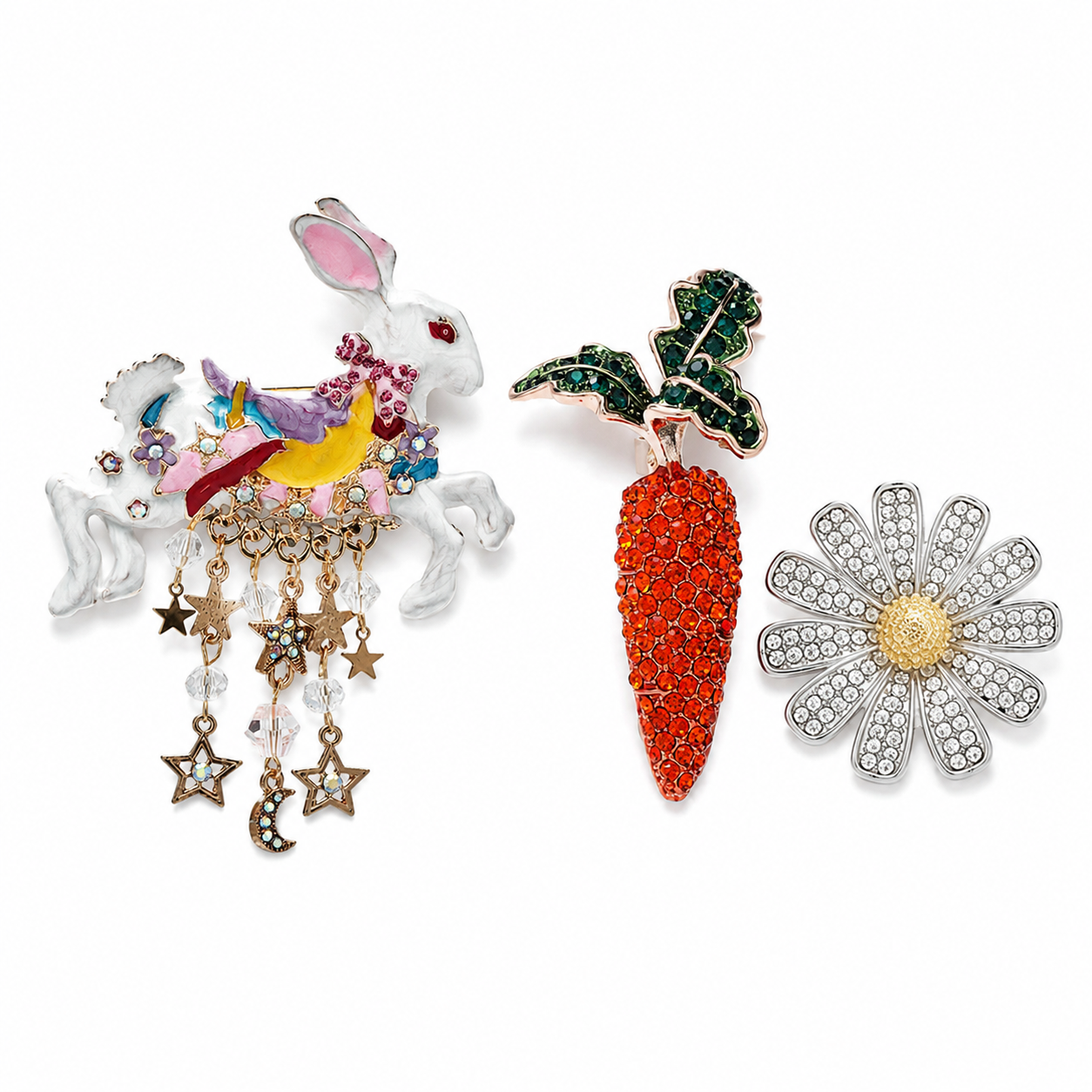 Rhinestone Brooch Set of 3 – Crystal Carrot, Daisy Flower & Unicorn Rabbit Pin Set