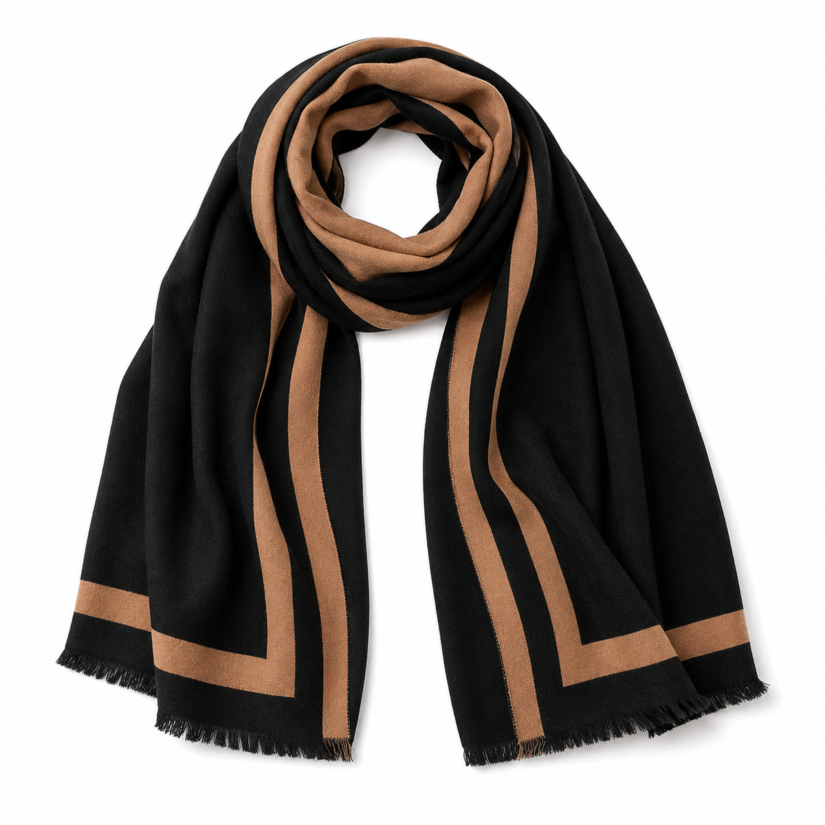 Black & Camel Reversible Striped Shawl Wrap with Fringe Edges