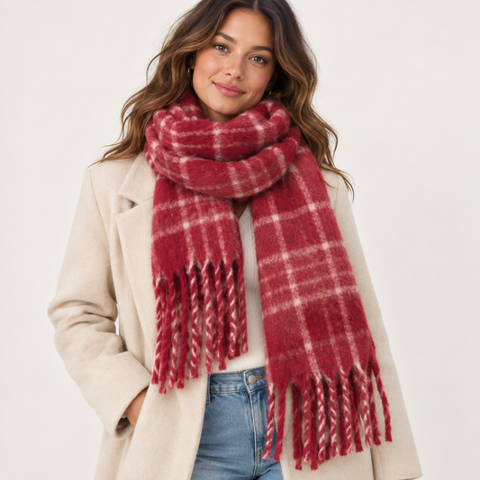 Chunky Plaid Scarf Red White Checkered Oversized Tassel Blanket Wrap Shawl
