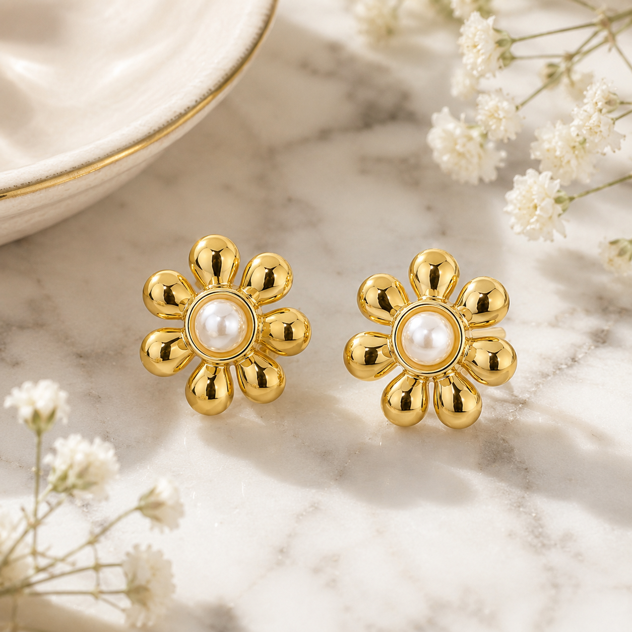Waterproof Stainless Steel Gold Pearl Flower Stud Earrings