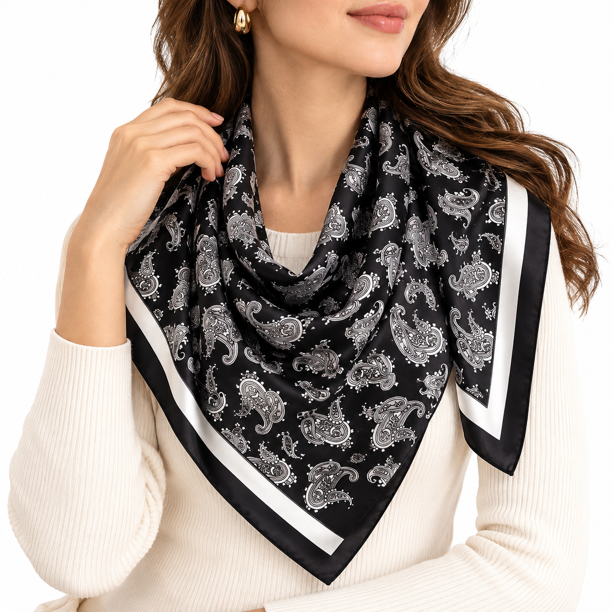 Women's Two-Piece Paisley Square Scarf Set, Black & Burgundy