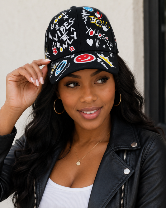 2pcs Graffiti Print Baseball Cap Be Yourself Inspirational Snapback Hat Set