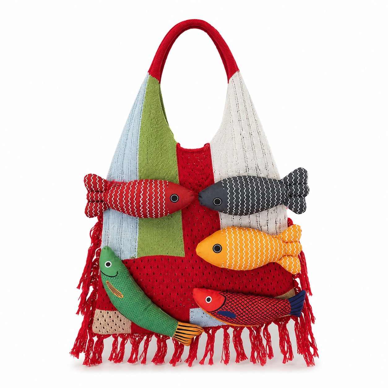 Hand-Knit Patchwork Fish Tote Bag | 14" x 13" Boho Shoulder Bag