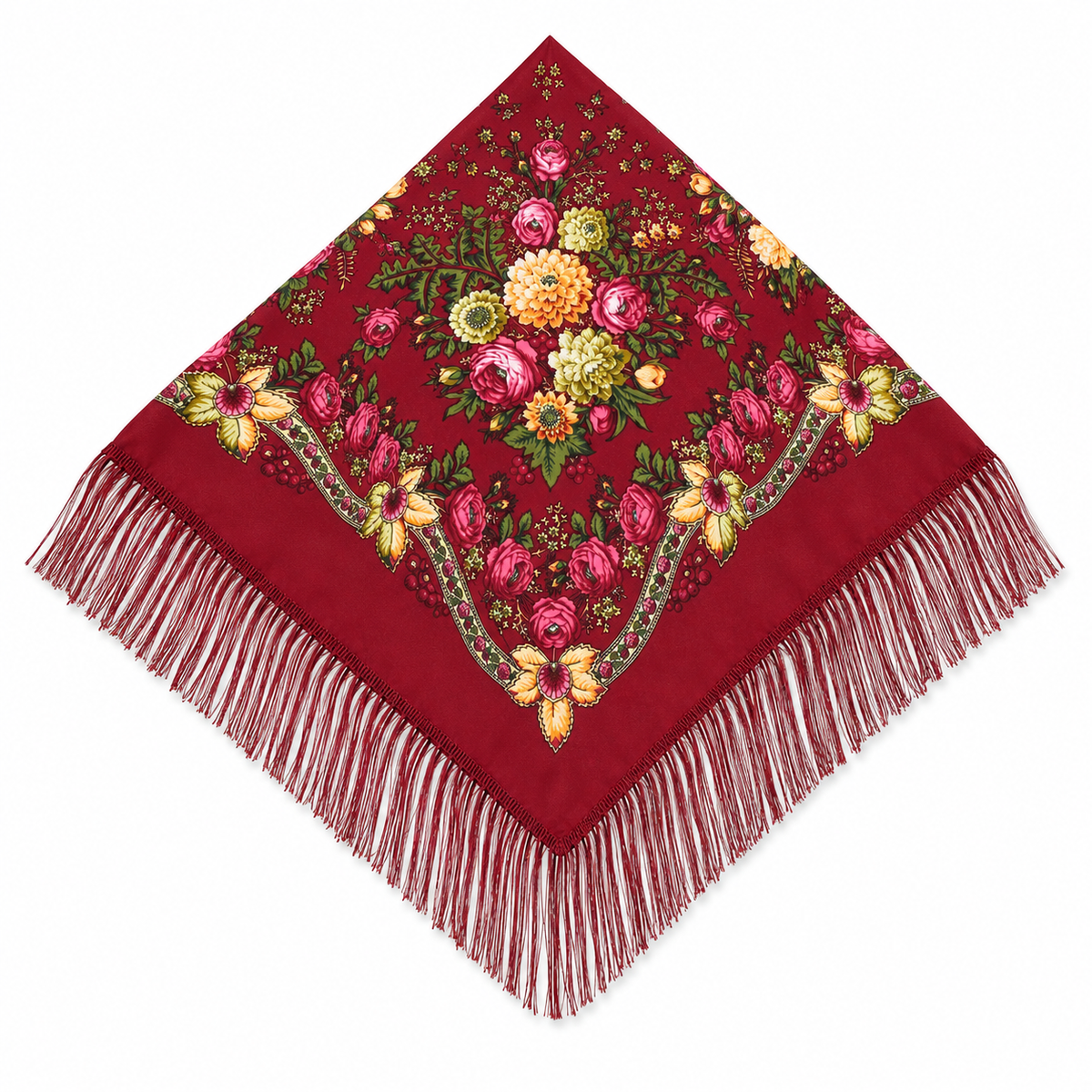 Russian Floral Fringed Shawl – Pavlovo Posad Style Burgundy Square Wrap