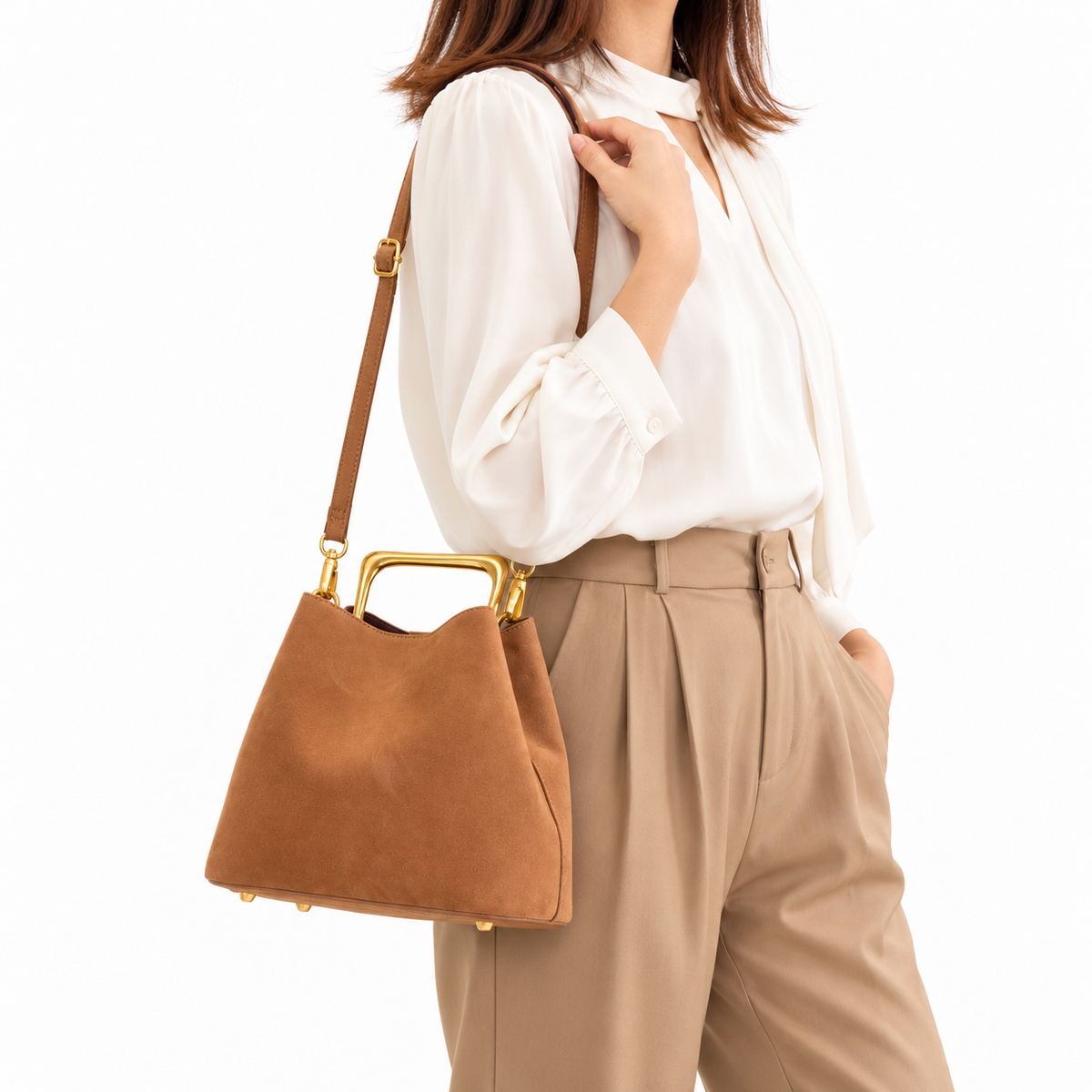 Tan Faux Suede Top Handle Crossbody Bag with Gold-Tone Handle