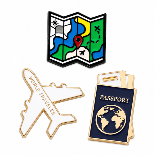 3-Piece Travel Brooch Set – World Traveler Airplane, Map & Passport Enamel Pins