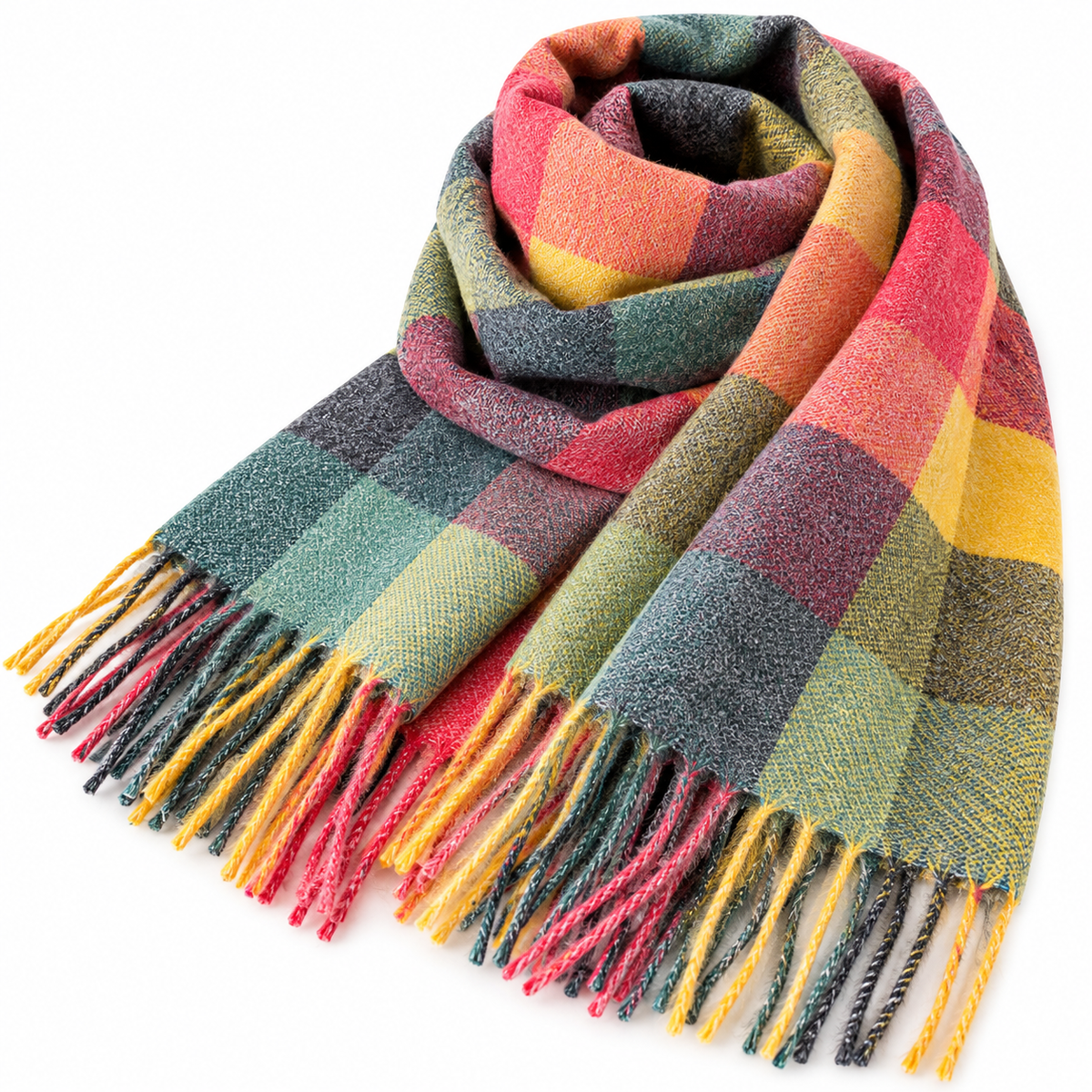 Rainbow Plaid Tassel Scarf – Colorblock Wrap Shawl