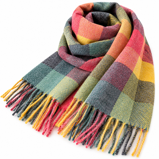 Rainbow Plaid Tassel Scarf – Colorblock Wrap Shawl