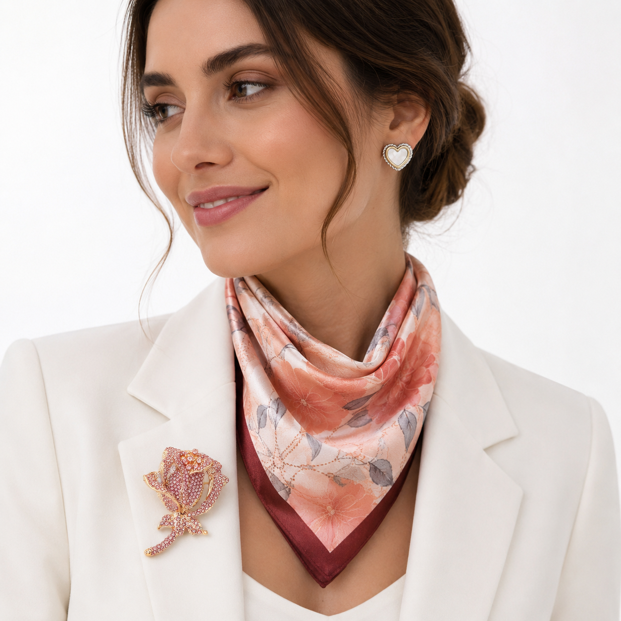 3PC Rose Brooch, Floral Satin Scarf & Mother of Pearl Heart Earrings Gift Set