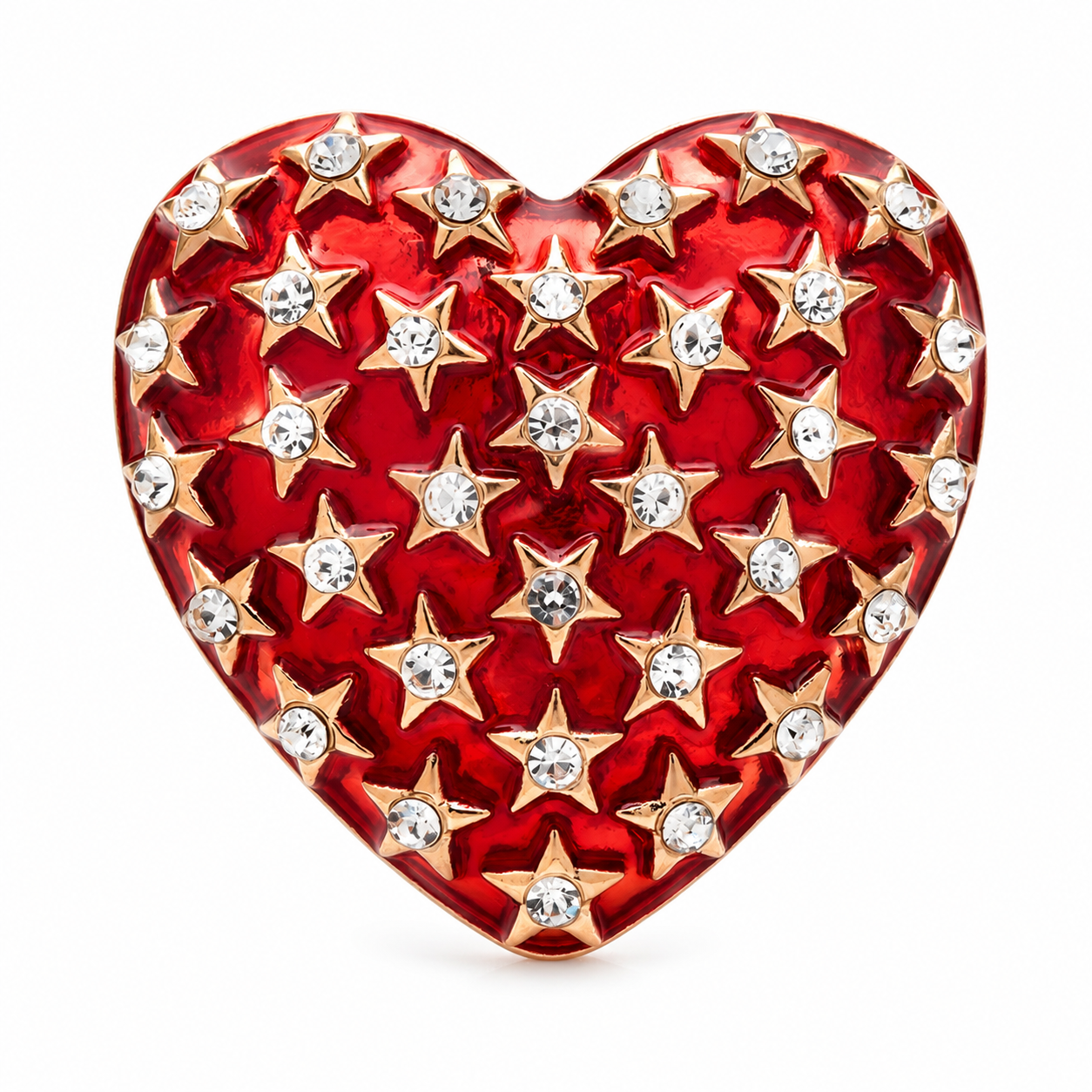 Red Enamel Heart Brooch Set of 3 – Pearl Border, Multicolor Gemstone & Crystal Star