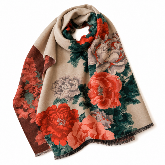 Oversized Peony Floral Cashmere-Feel Shawl Wrap | Red & Green Winter Pashmina Scarf