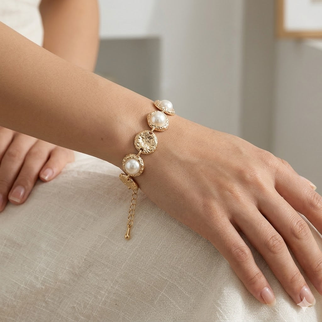 Pearl Accent Textured Disc Link Bracelet