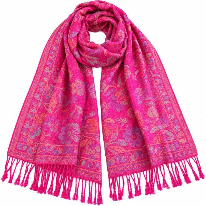 Women's Hot Pink Floral Pashmina-Style Scarf & Fringed Shawl