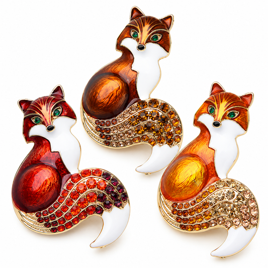 Woodland Fox Enamel & Rhinestone Brooch Set – 3 Pieces