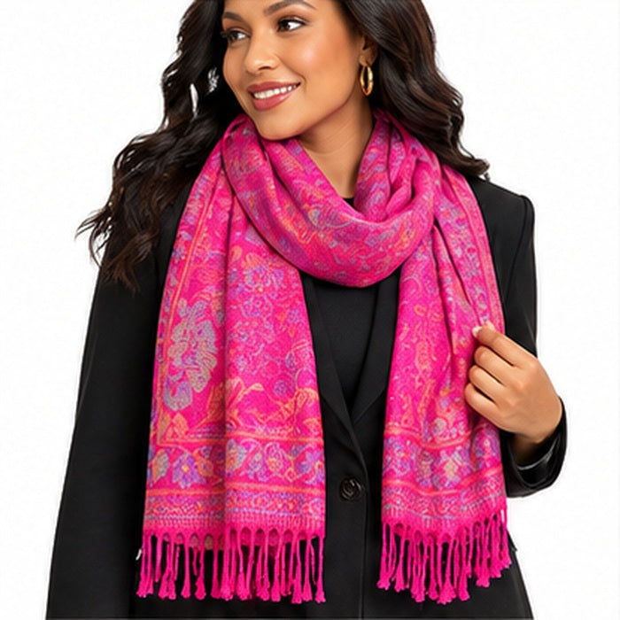 Women's Hot Pink Floral Pashmina-Style Scarf & Fringed Shawl