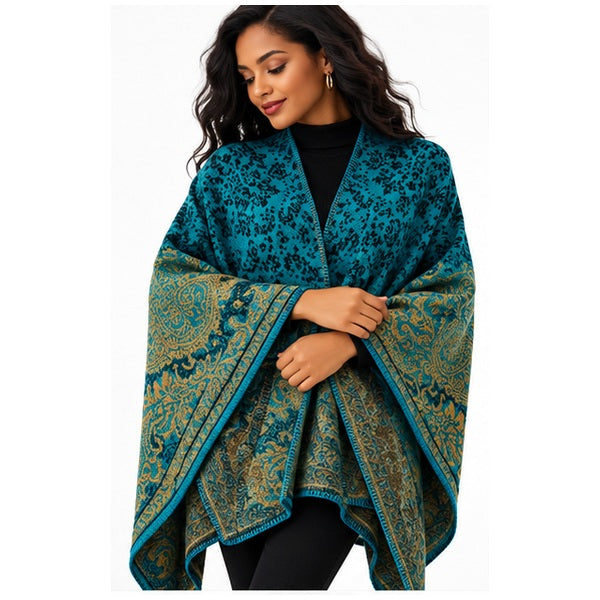 Oversized Teal & Gold Floral Shawl Wrap for Women