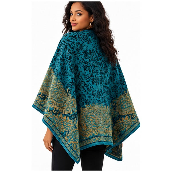Oversized Teal & Gold Floral Shawl Wrap for Women