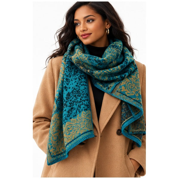 Oversized Teal & Gold Floral Shawl Wrap for Women