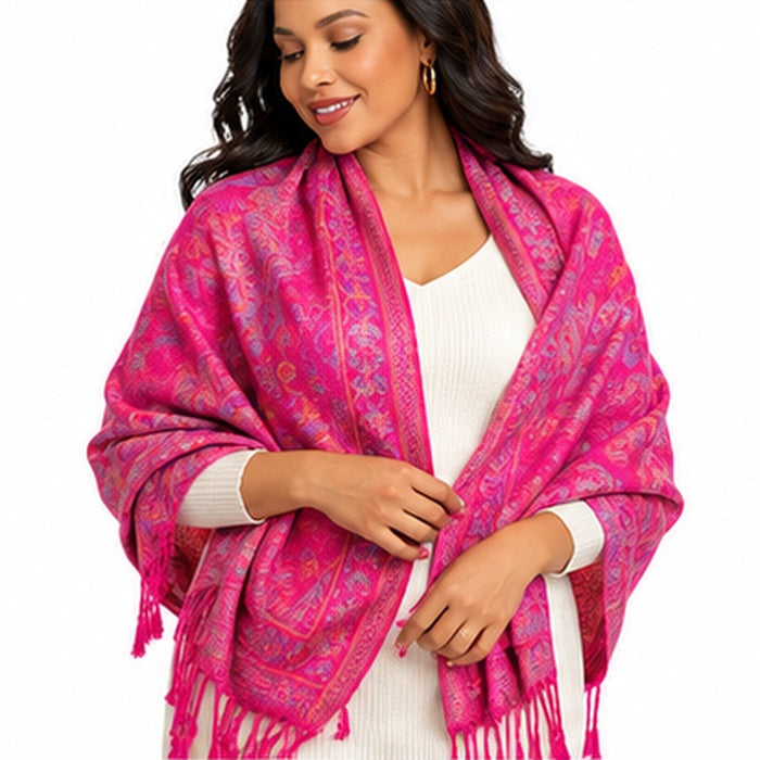 Women's Hot Pink Floral Pashmina-Style Scarf & Fringed Shawl