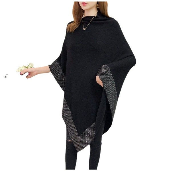 Black Asymmetrical Poncho Cape with Silver Shimmer Trim