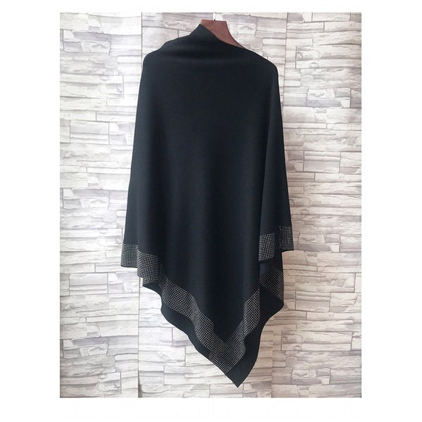 Black Asymmetrical Poncho Cape with Silver Shimmer Trim