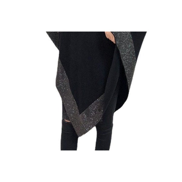 Black Asymmetrical Poncho Cape with Silver Shimmer Trim