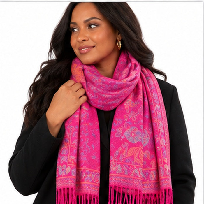 Women's Hot Pink Floral Pashmina-Style Scarf & Fringed Shawl