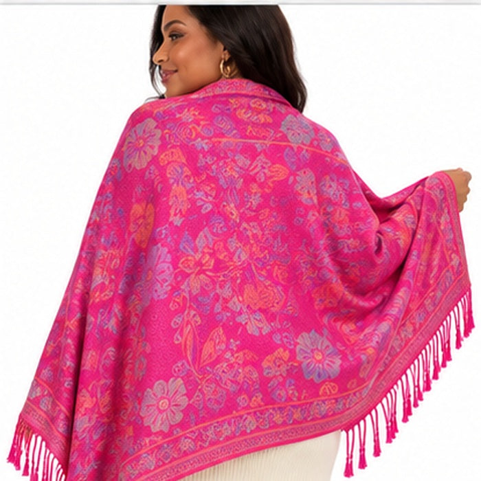 Women's Hot Pink Floral Pashmina-Style Scarf & Fringed Shawl