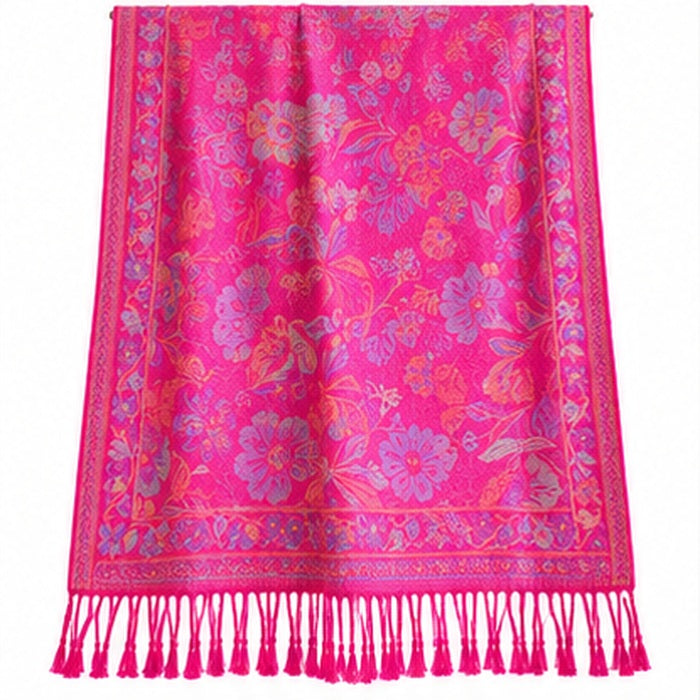 Women's Hot Pink Floral Pashmina-Style Scarf & Fringed Shawl