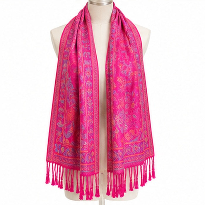 Women's Hot Pink Floral Pashmina-Style Scarf & Fringed Shawl