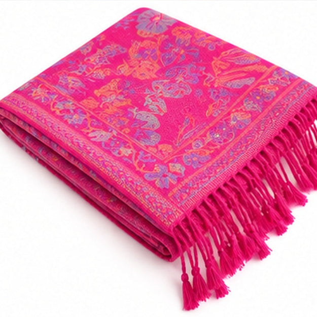 Women's Hot Pink Floral Pashmina-Style Scarf & Fringed Shawl
