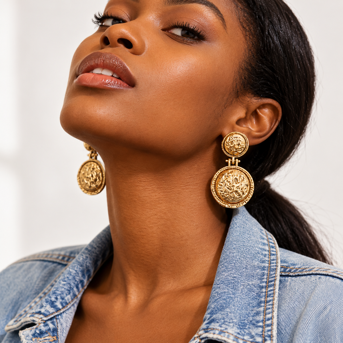 Textured Gold Coin Statement Drop Earrings