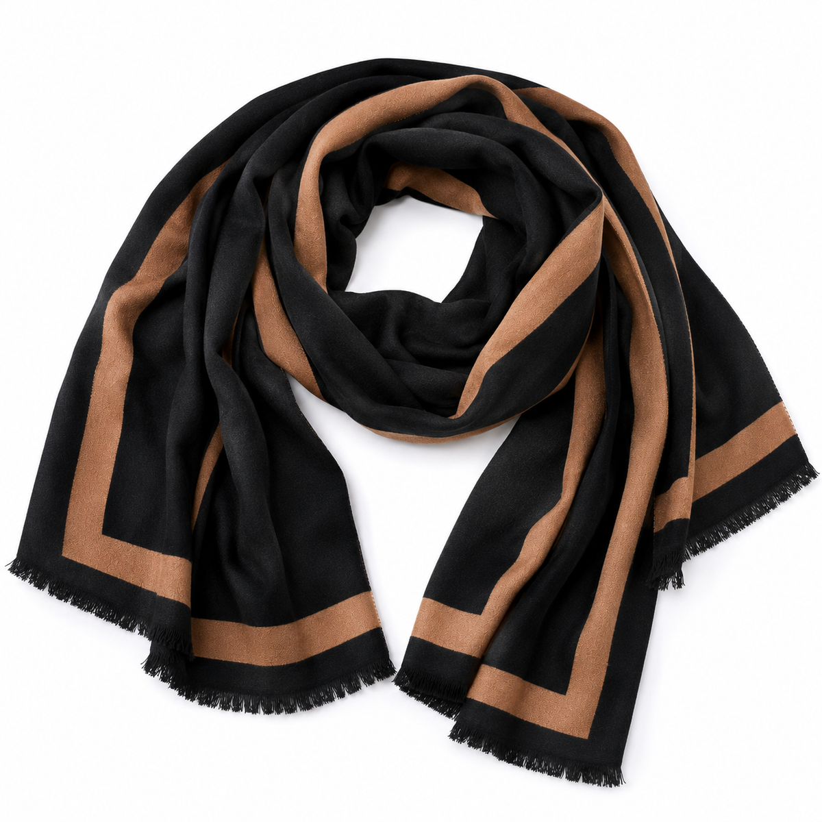 Black & Camel Reversible Striped Shawl Wrap with Fringe Edges