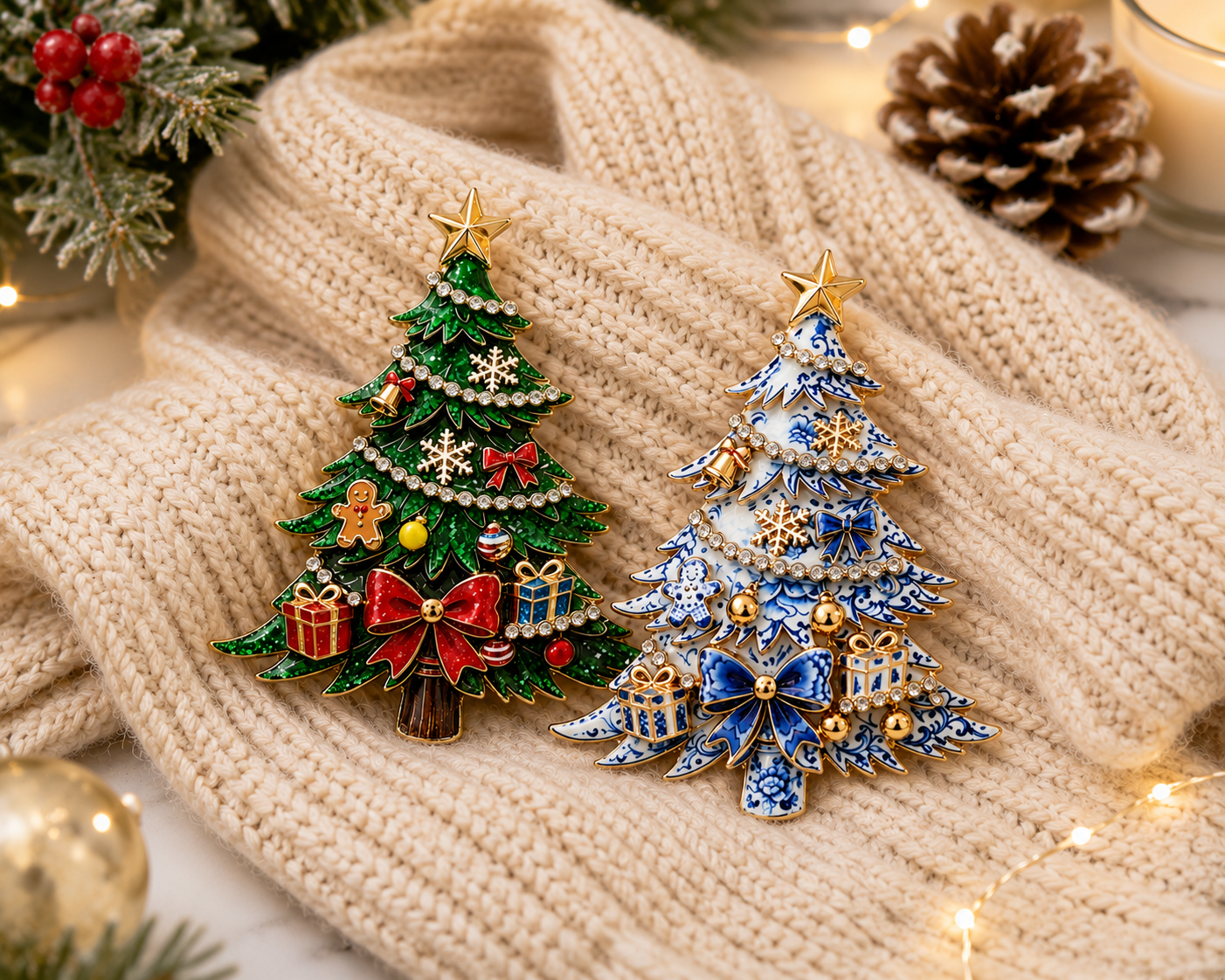 Christmas Tree Brooch Pin with Rhinestone Holiday Charms