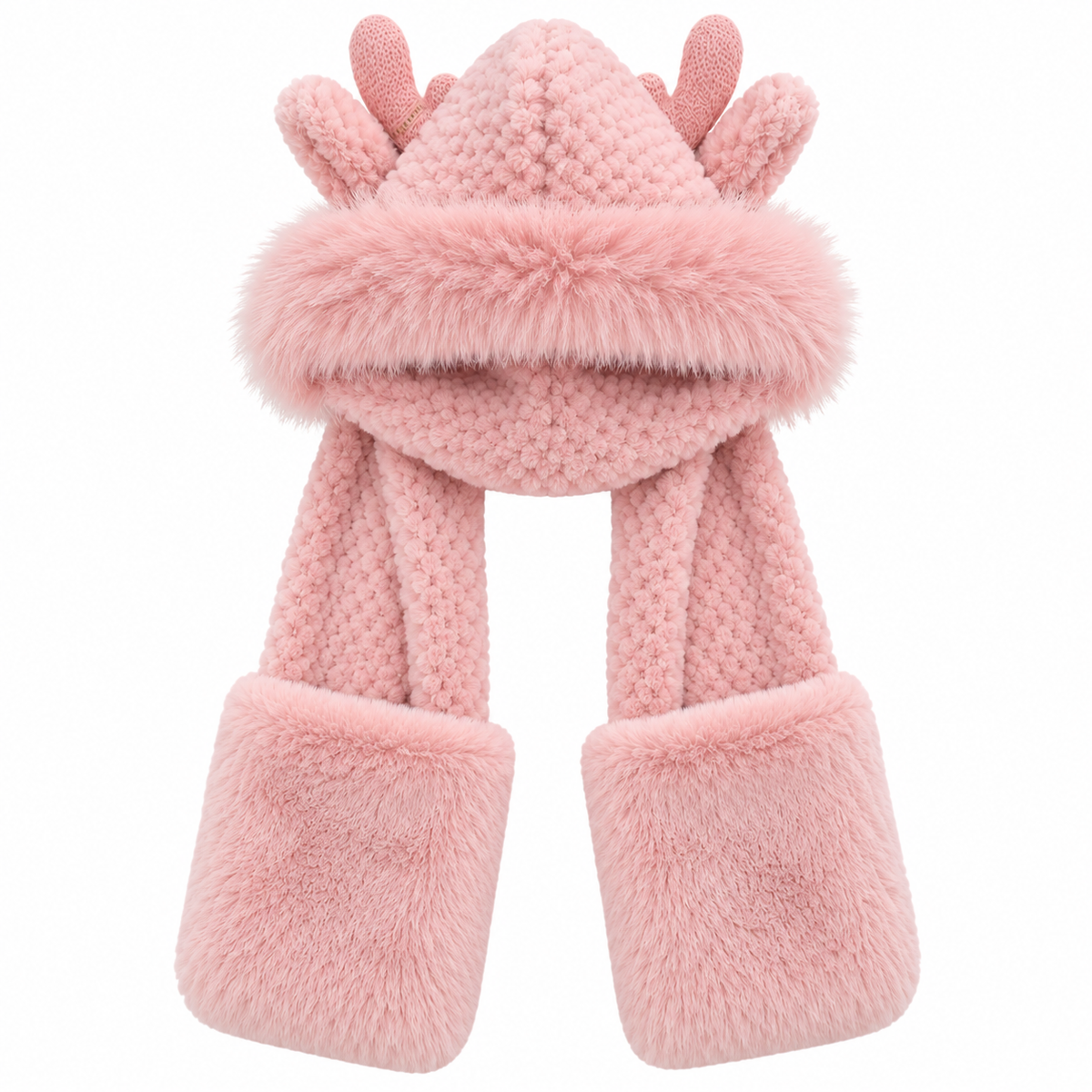 Women's Pink Plush Antler Hooded Scarf with Hand Pockets