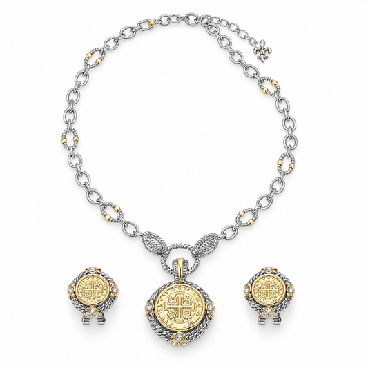 Two-Tone Coin Pendant Necklace & Clip-On Earrings Set in Silver & Gold