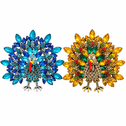 Rhinestone Turkey Brooch Set of 2 – Blue & Gold Thanksgiving Pins