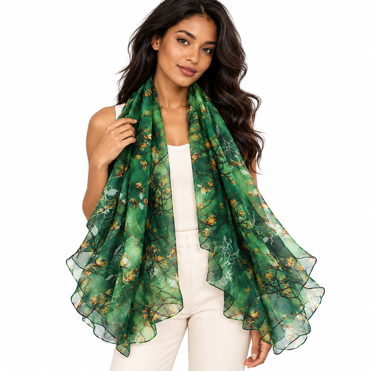 Emerald Green Floral Print Chiffon Scarf