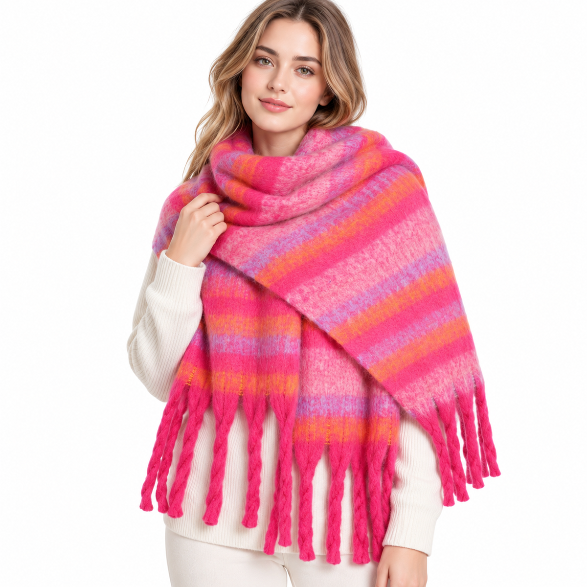 Women's Pink Striped Knitted Tassel Scarf Winter Warm Cozy Pashmina Shawl