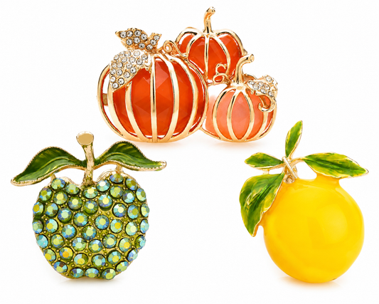 3-Piece Harvest Fruit Brooch Set – Apple, Pumpkin & Lemon Pins