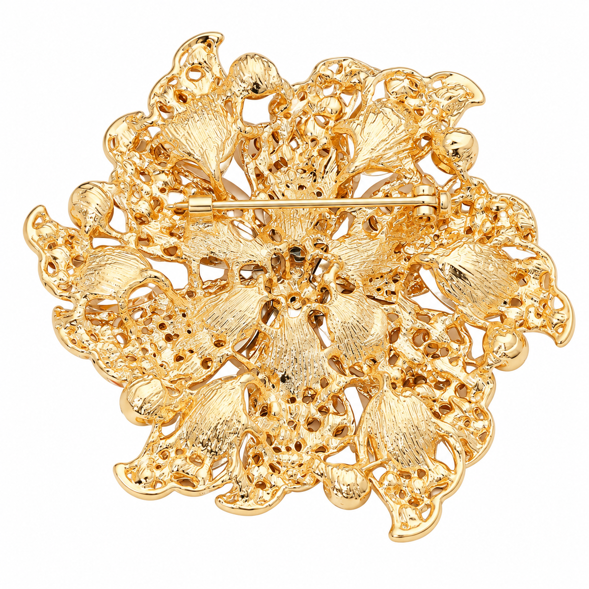 Oversized Gold-Tone Floral Rhinestone Statement Brooch – 4 Inch