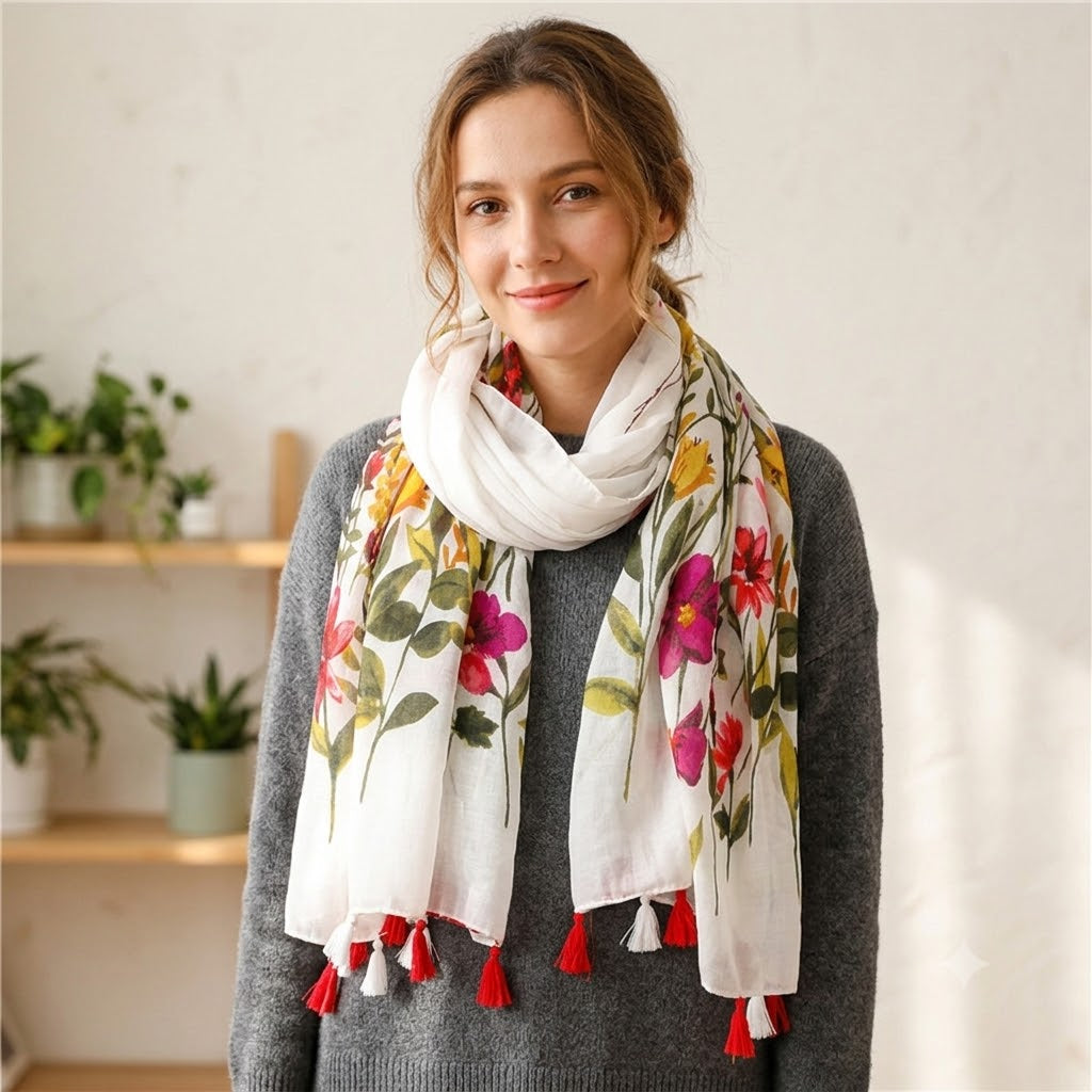 Women's Floral Lightweight Scarf Soft Cotton Blend Tassel Wrap Shawl
